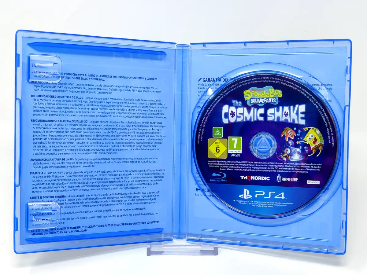 Interior del juego Bob Esponja: The Cosmic Shake (ESP) para PlayStation 4 con disco y manual