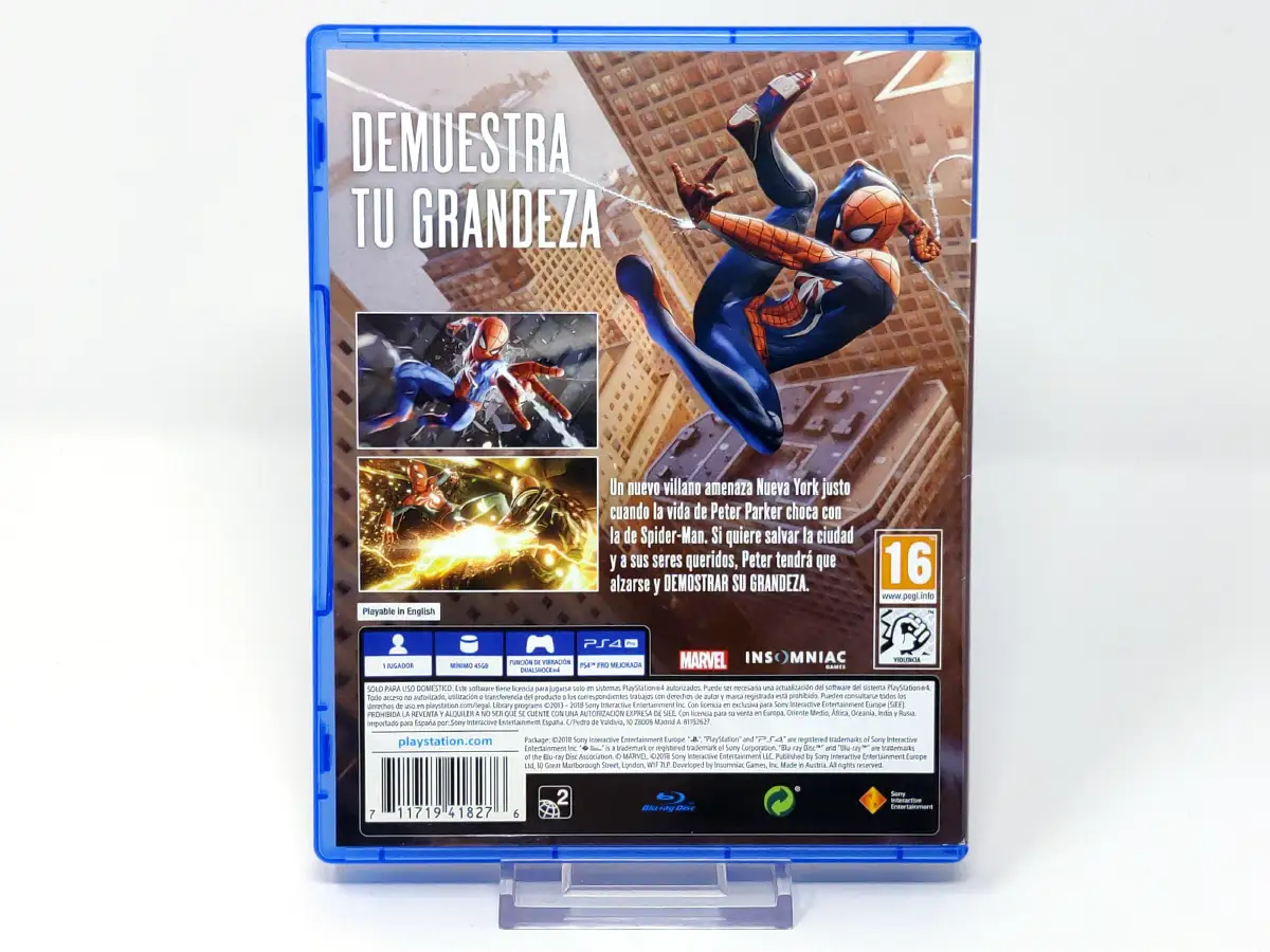 Parte trasera de Marvel's Spider-Man (ESP) para PlayStation 4, edición PAL España