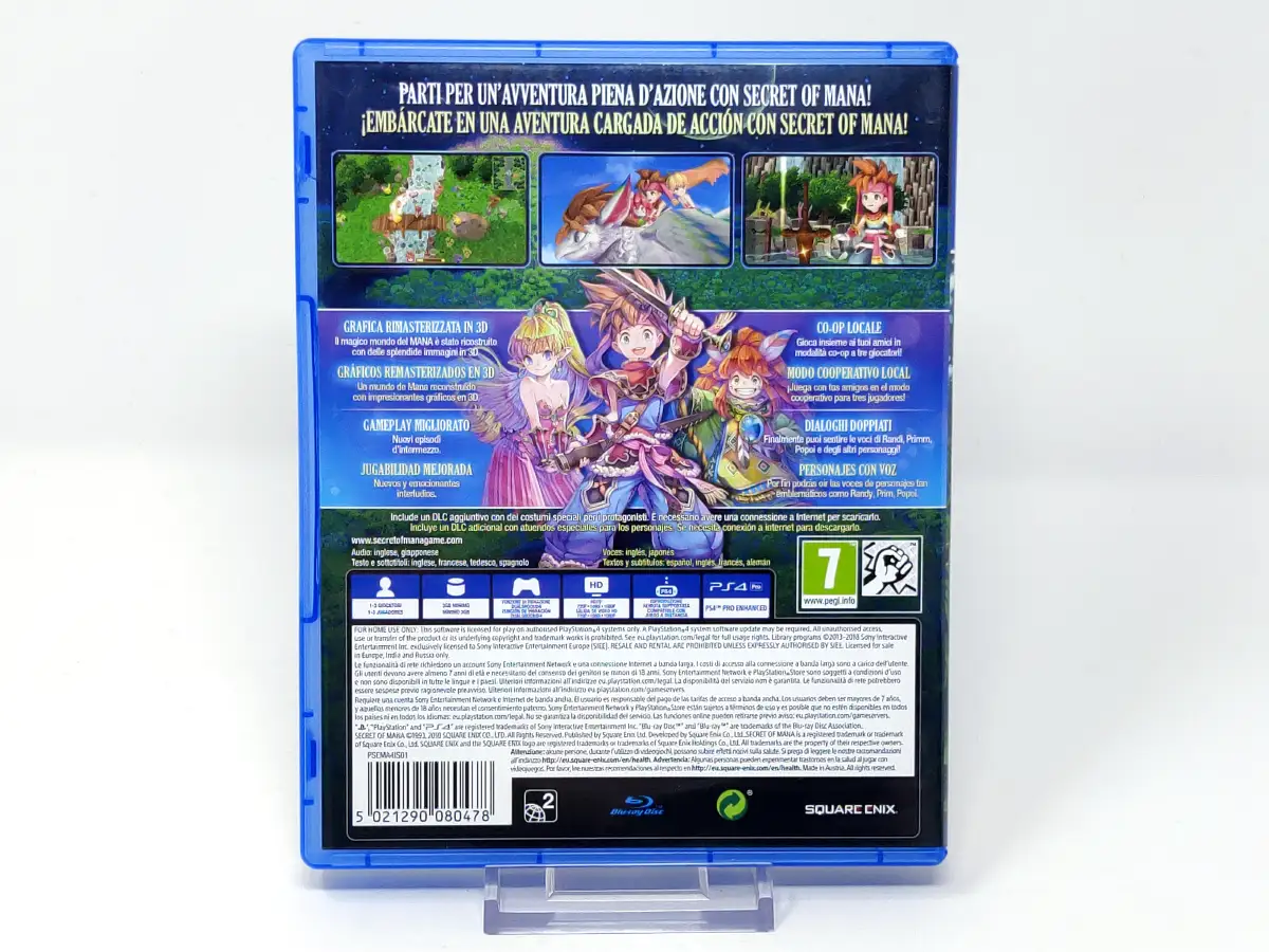 Parte trasera de Secret of Mana (ESP) para PlayStation 4, edición PAL España