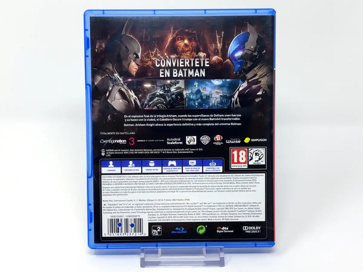 Parte trasera de Batman: Arkham Knight (ESP) (PS Hits) (Rebajado) para PlayStation 4, edición PAL España