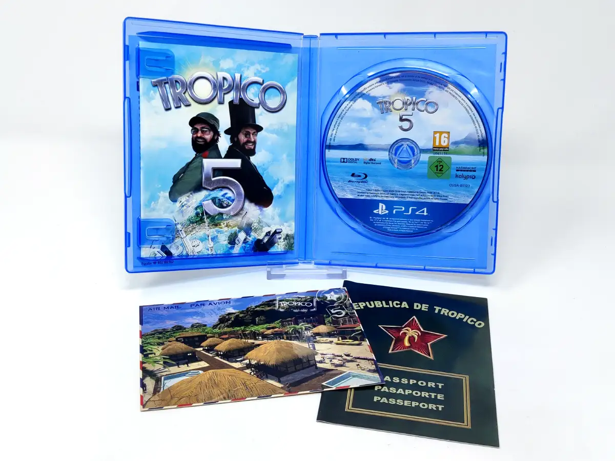 Interior del juego Tropico 5 (Limited Day One Edition) (ESP) para PlayStation 4 con disco y manual