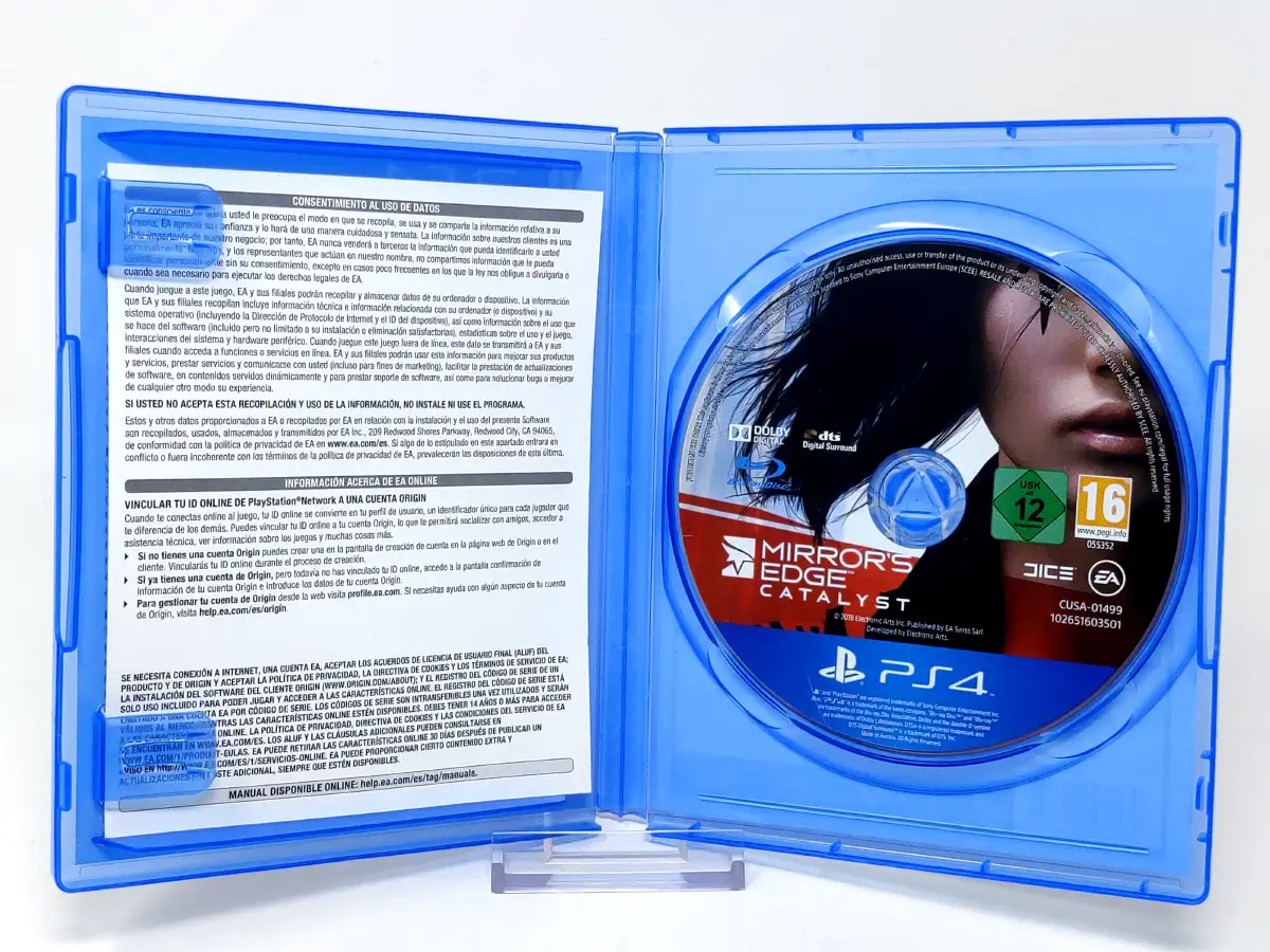 Interior del juego Mirror's Edge Catalyst (ESP) para PlayStation 4 con disco y manual