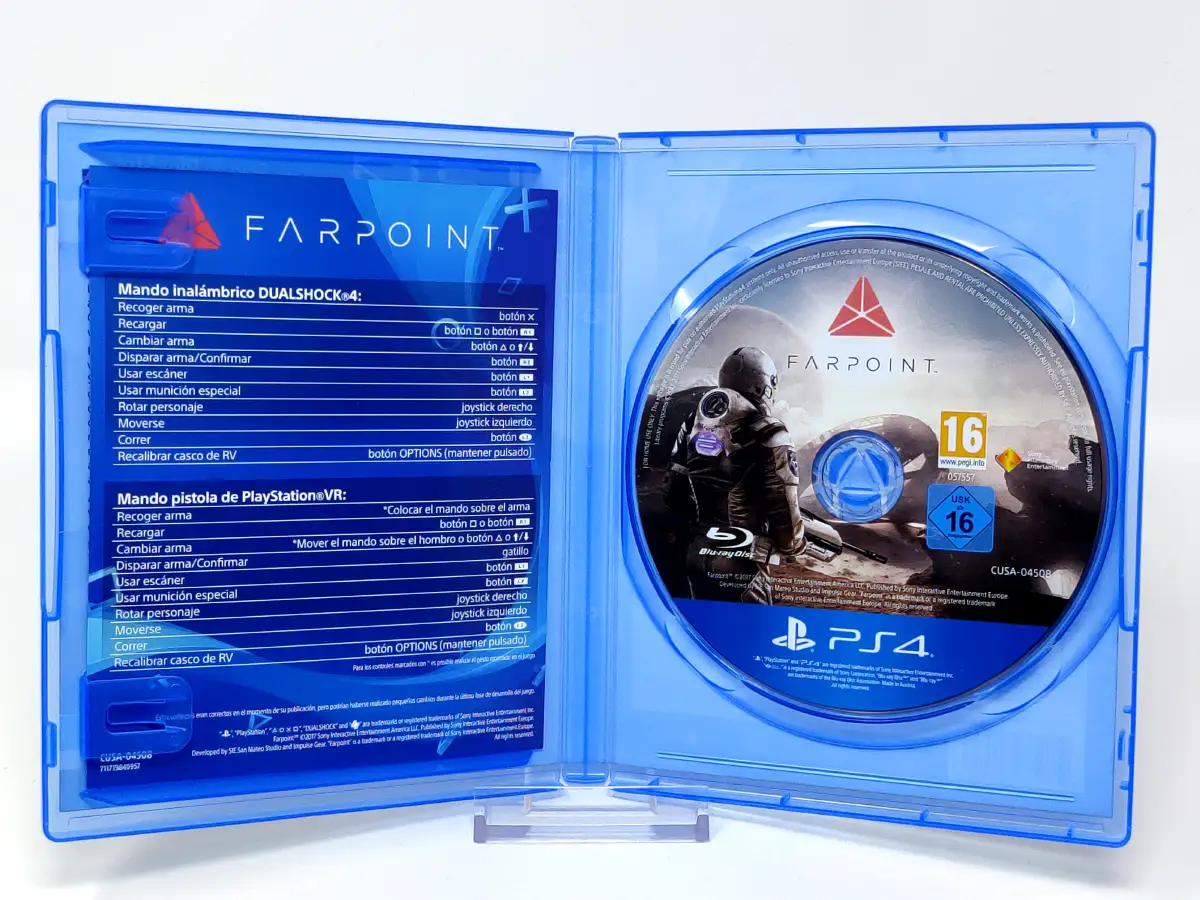 Interior del juego Farpoint (ESP) para PlayStation 4 con disco y manual