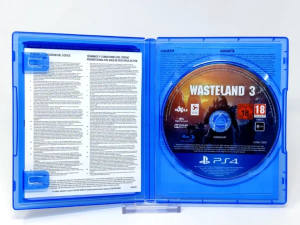 Interior del juego Wasteland 3 (ESP) para PlayStation 4 con disco y manual