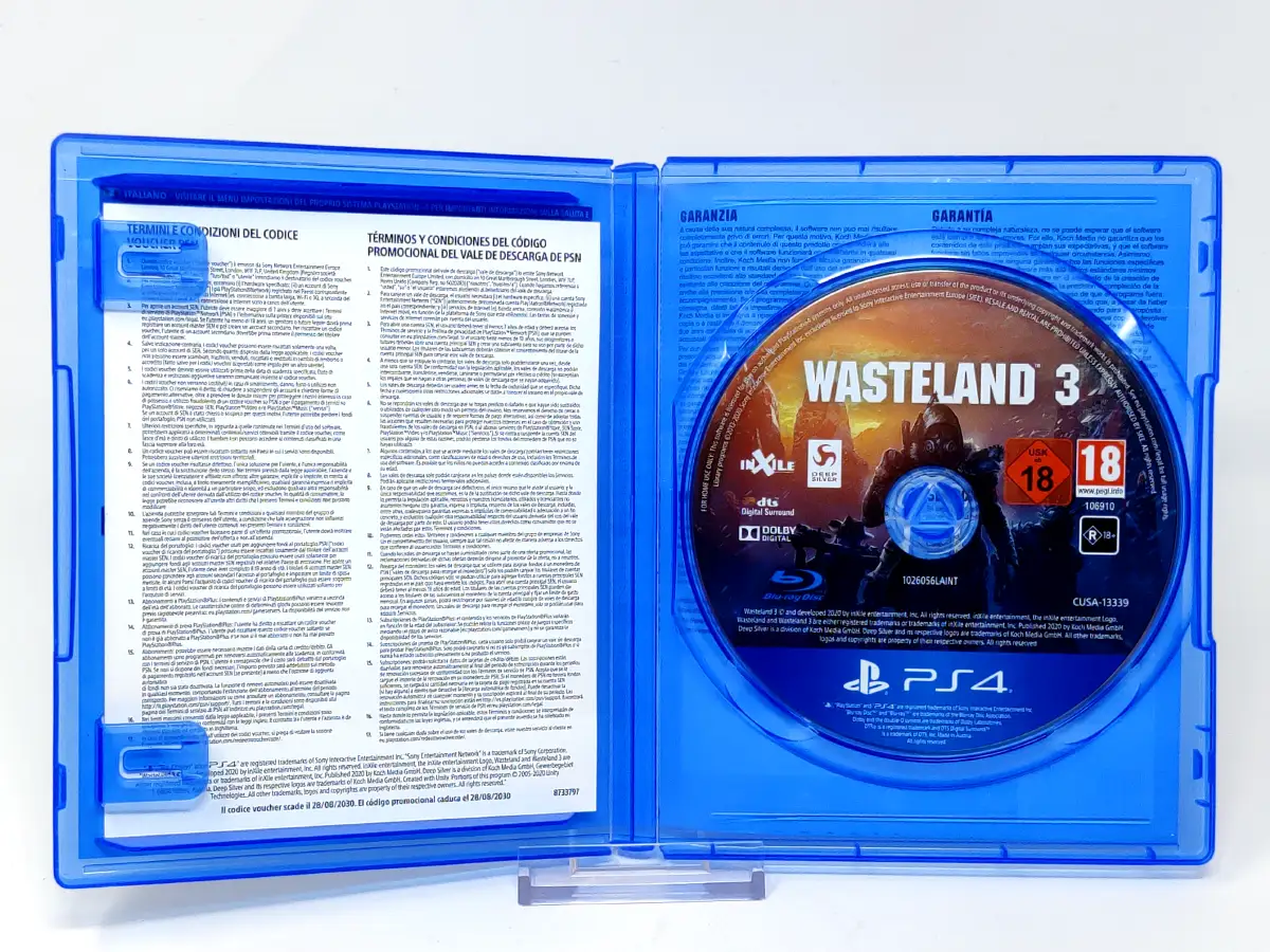 Interior del juego Wasteland 3 (ESP) para PlayStation 4 con disco y manual