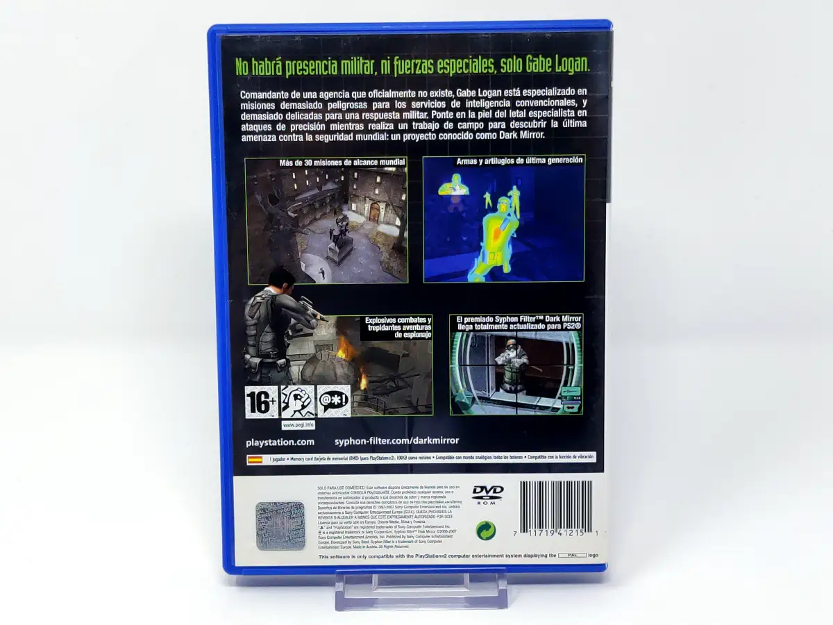 Parte trasera de Syphon Filter: Dark Mirror (ESP) para PlayStation 2, edición PAL España
