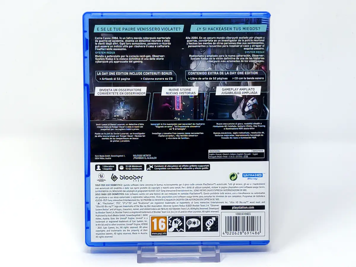 Parte trasera de Observer: System Redux (Day One Edition) (ESP) para PlayStation 5, edición PAL España