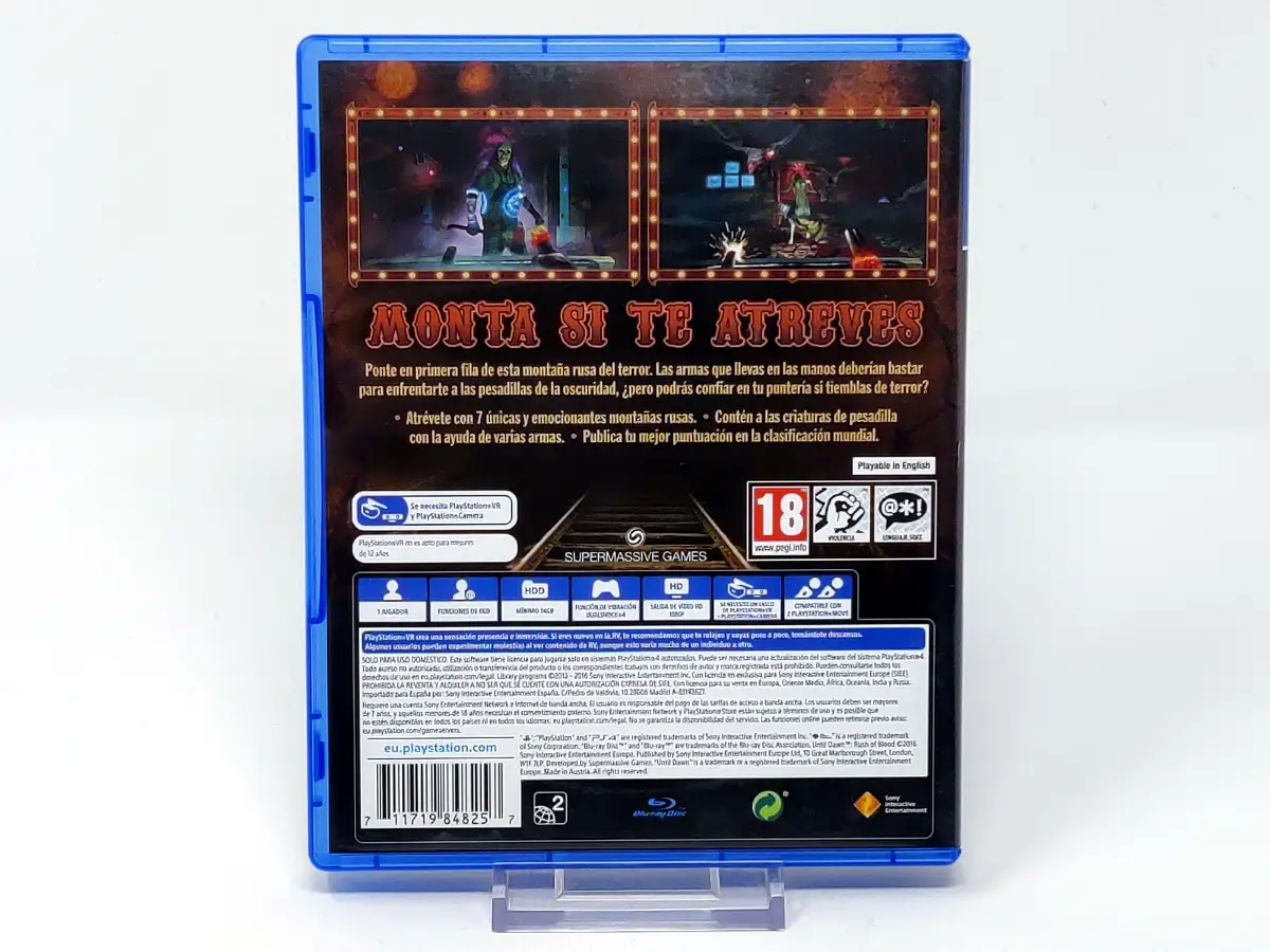 Parte trasera de Until Dawn: Rush of Blood (ESP) para PlayStation 4, edición PAL España