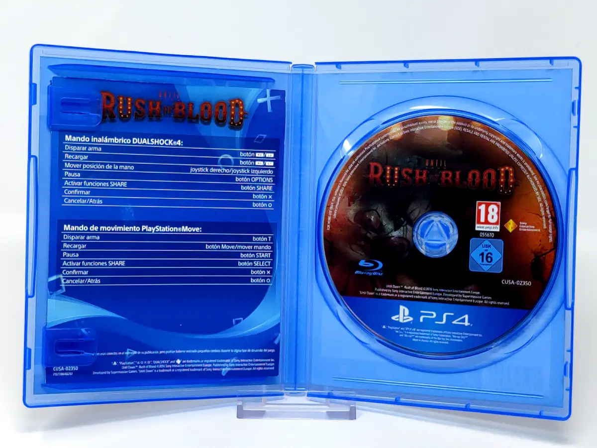 Interior del juego Until Dawn: Rush of Blood (ESP) para PlayStation 4 con disco y manual