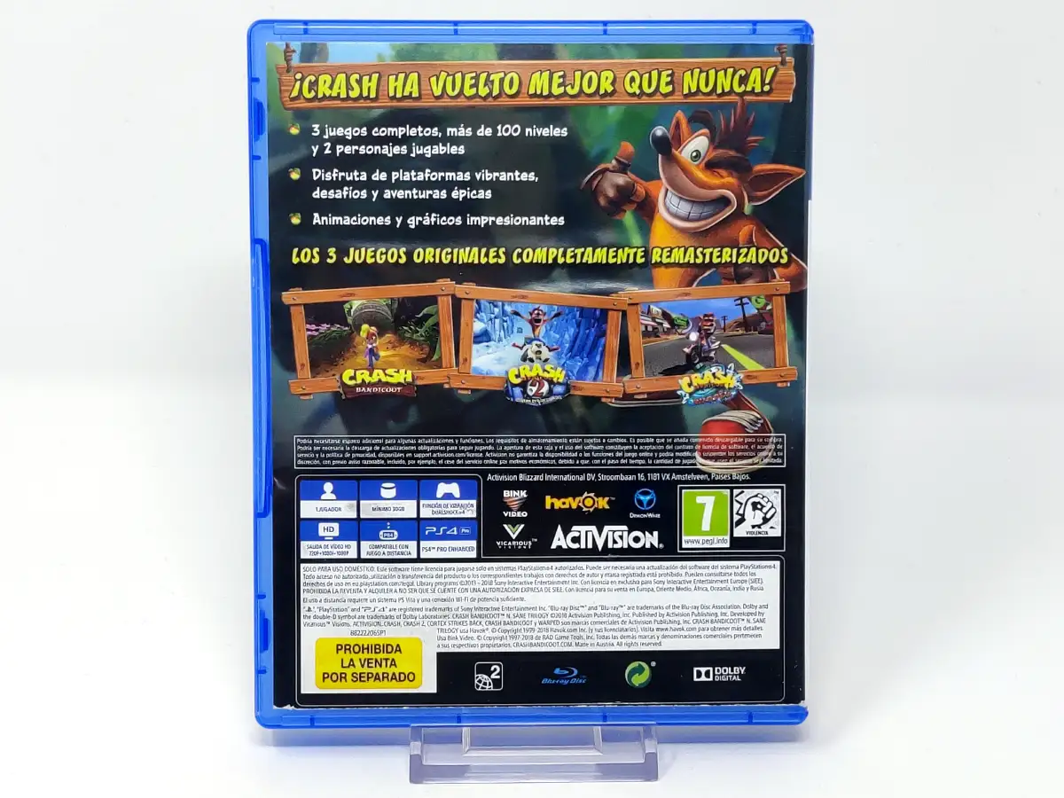 Parte trasera de Crash Bandicoot N. Sane Trilogy 2.0 (ESP) para PlayStation 4, edición PAL Italia