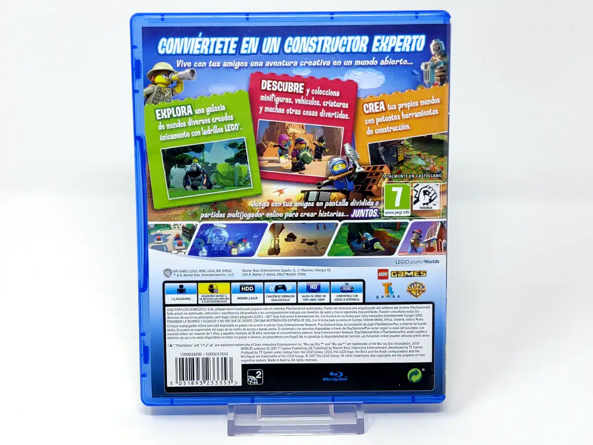 Parte trasera de LEGO Worlds (ESP) para PlayStation 4, edición PAL España