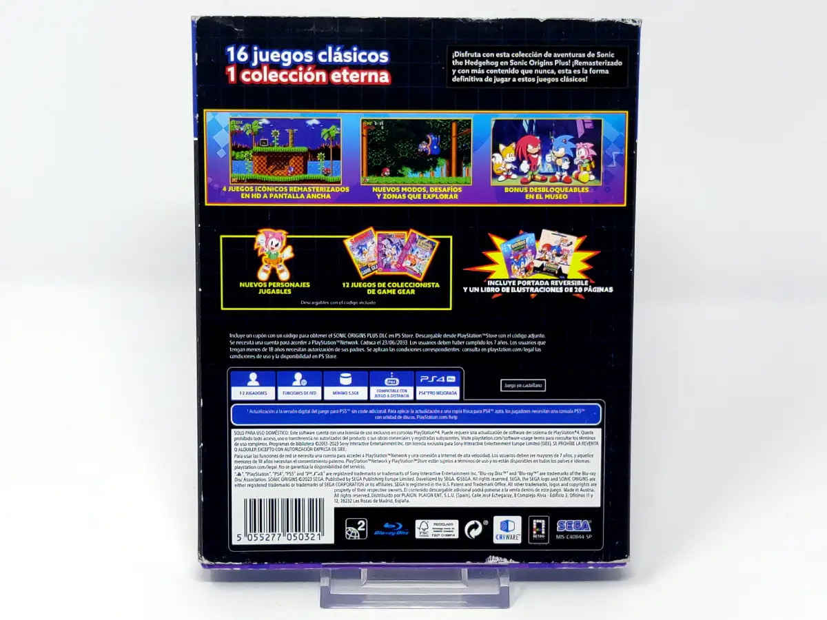 Parte trasera de Sonic Origins Plus (ESP) para PlayStation 4, edición PAL España