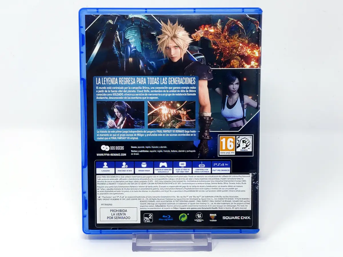 Parte trasera de Final Fantasy VII Remake (ESP) para PlayStation 4, edición PAL España