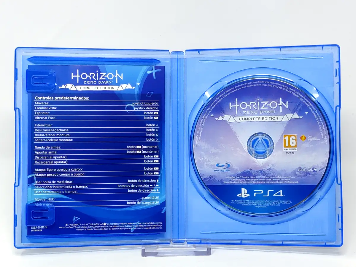 Interior del juego Horizon Zero Dawn: Complete Edition (ESP) (v2) (PS Hits) para PlayStation 4 con disco y manual