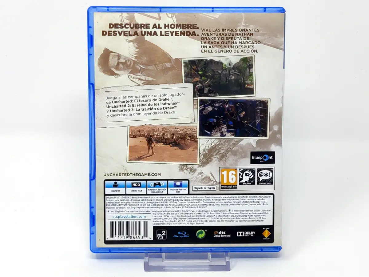 Parte trasera de Uncharted: The Nathan Drake Collection (ESP) para PlayStation 4, edición PAL España