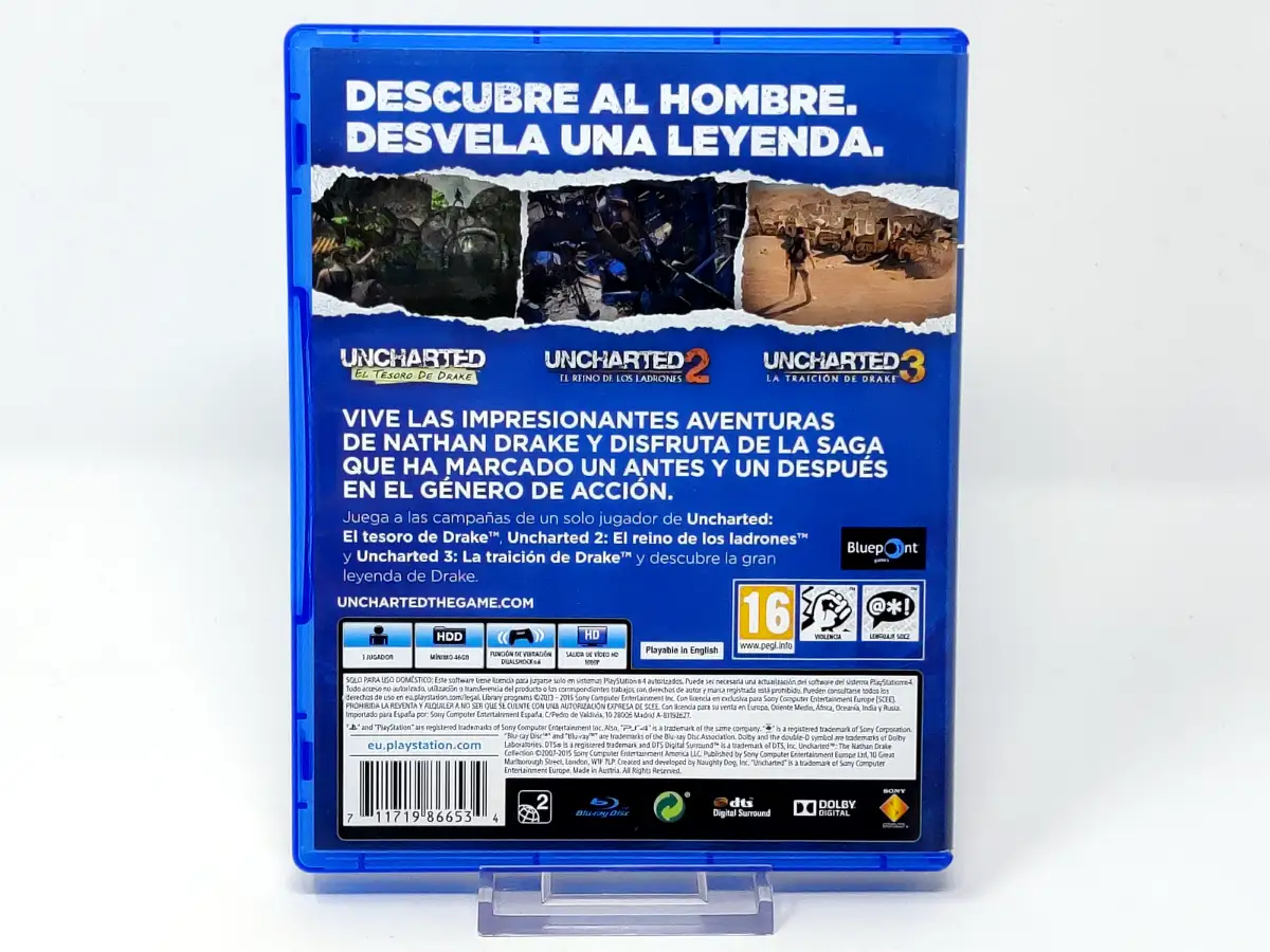 Parte trasera de Uncharted: The Nathan Drake Collection (ESP) (v2) para PlayStation 4, edición PAL España