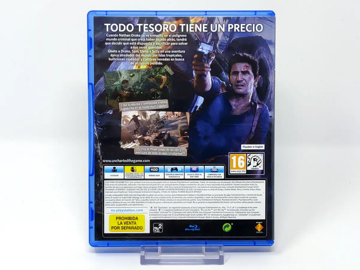 Parte trasera de Uncharted 4: El Desenlace del Ladrón (ESP) (v2) para PlayStation 4, edición PAL España