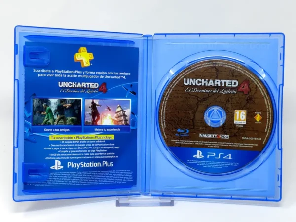 Interior del juego Uncharted 4: El Desenlace del Ladrón (ESP) (v2) para PlayStation 4 con disco y manual