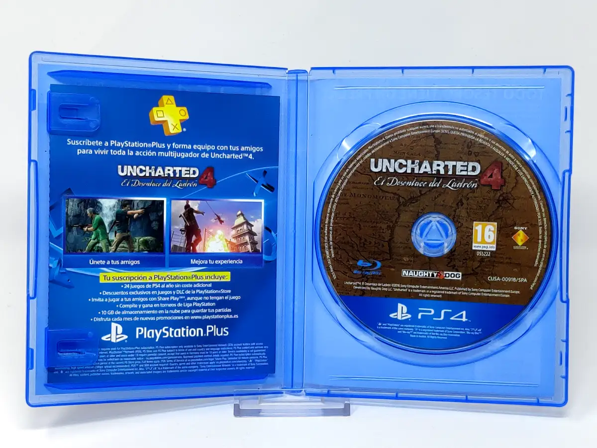 Interior del juego Uncharted 4: El Desenlace del Ladrón (ESP) (v2) para PlayStation 4 con disco y manual