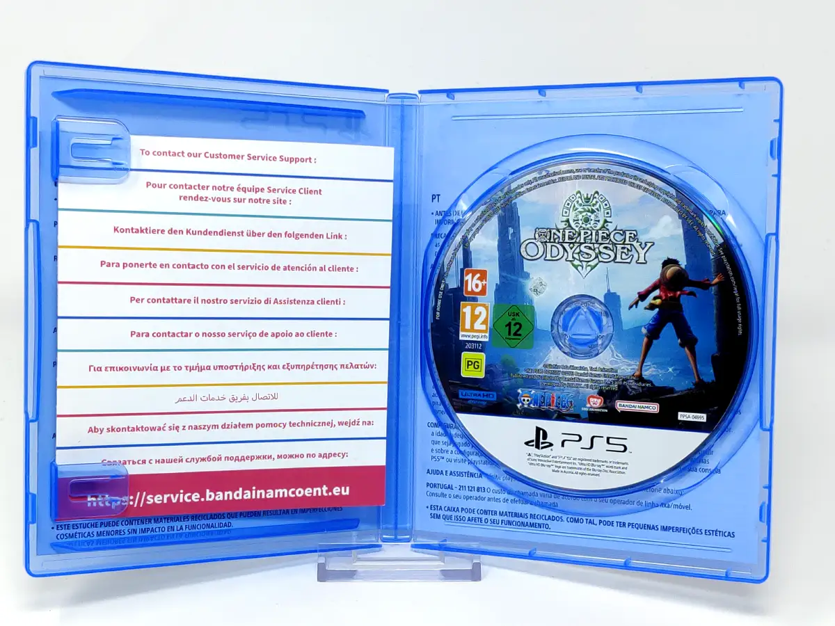 Interior del juego One Piece: Odyssey (ESP) para PlayStation 5 con disco y manual