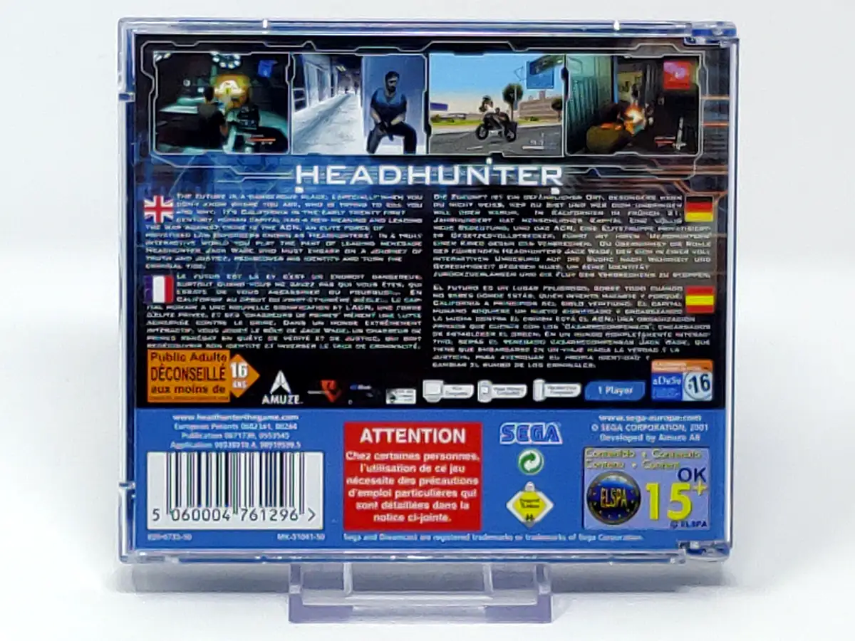 Parte trasera de Headhunter (ESP) para Sega Dreamcast, edición PAL España