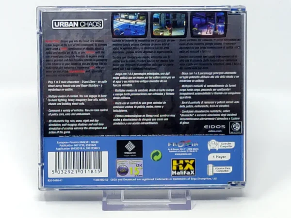 Parte trasera de Urban Chaos (ESP) para Sega Dreamcast, edición PAL España