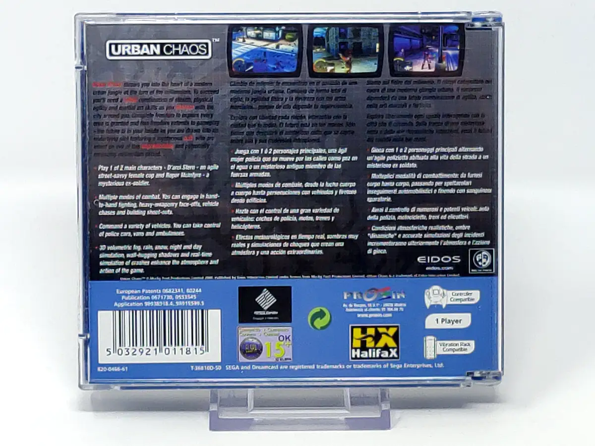 Parte trasera de Urban Chaos (ESP) para Sega Dreamcast, edición PAL España