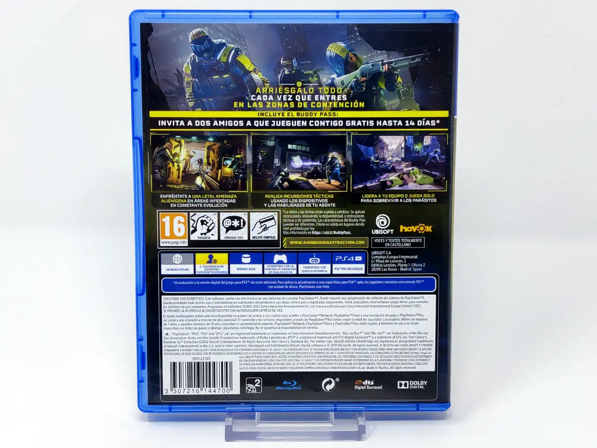 Parte trasera de Tom Clancy’s Rainbow Six Extraction (ESP) para PlayStation 4, edición PAL España