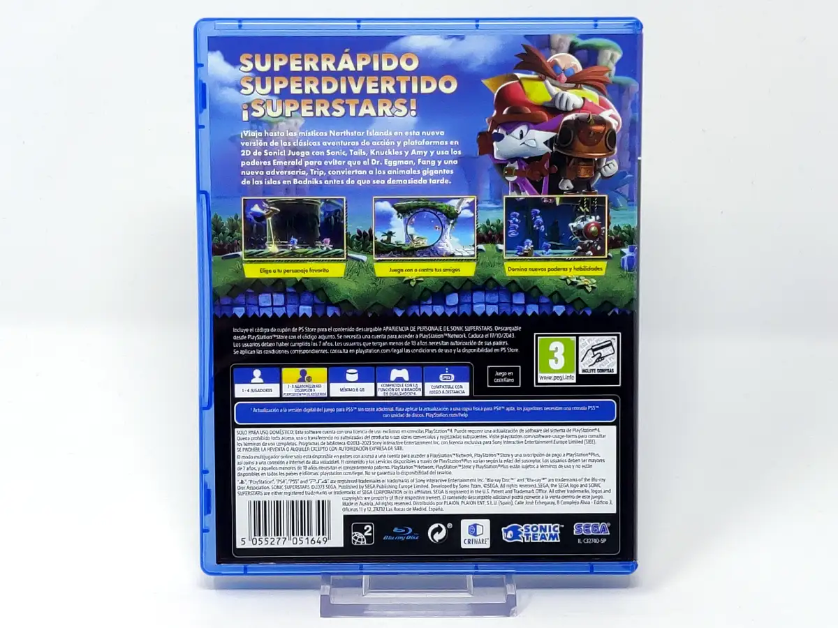 Parte trasera de Sonic Superstars (ESP) para PlayStation 4, edición PAL España