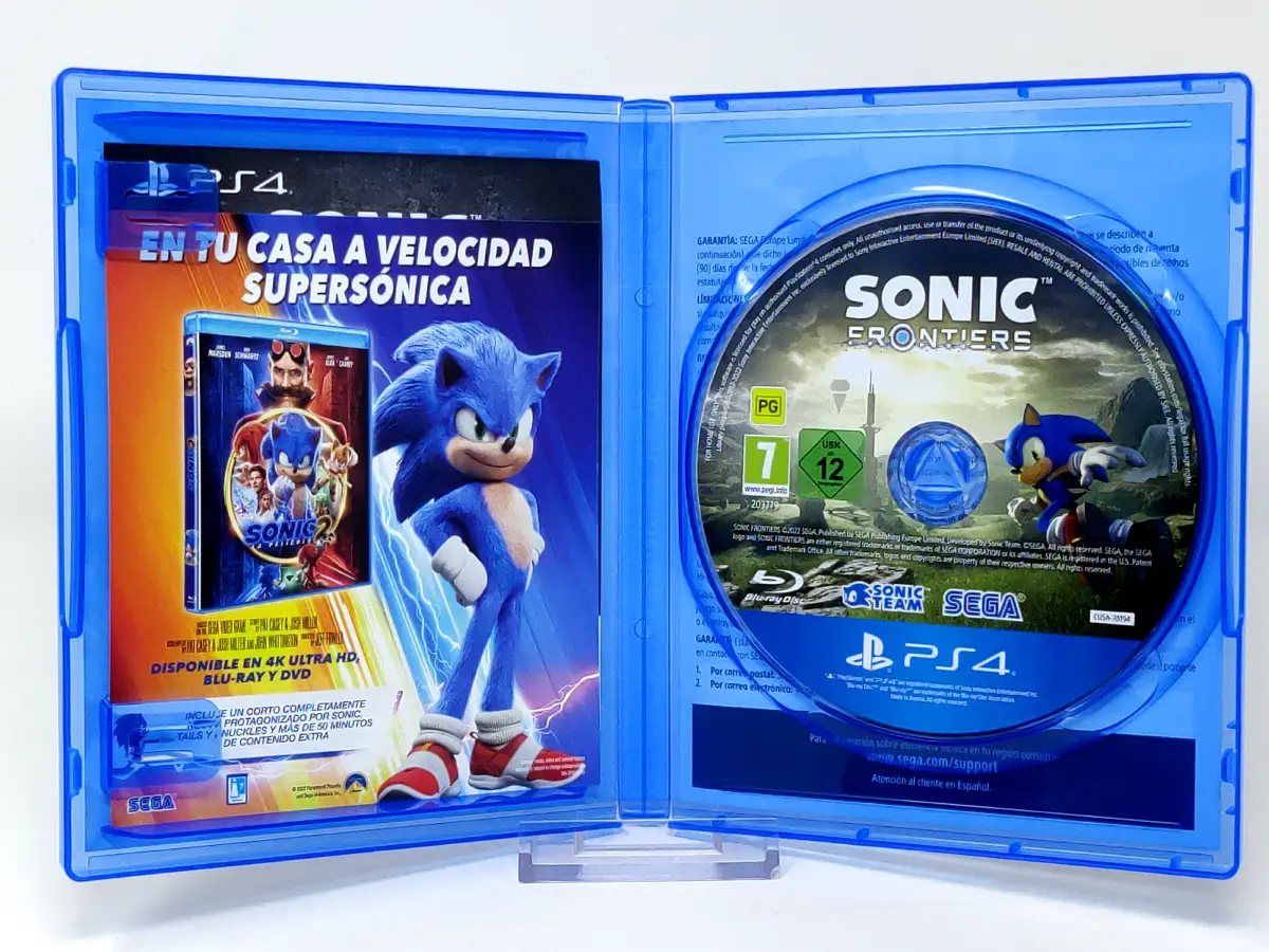 Interior del juego Sonic Frontiers (ESP) para PlayStation 4 con disco y manual