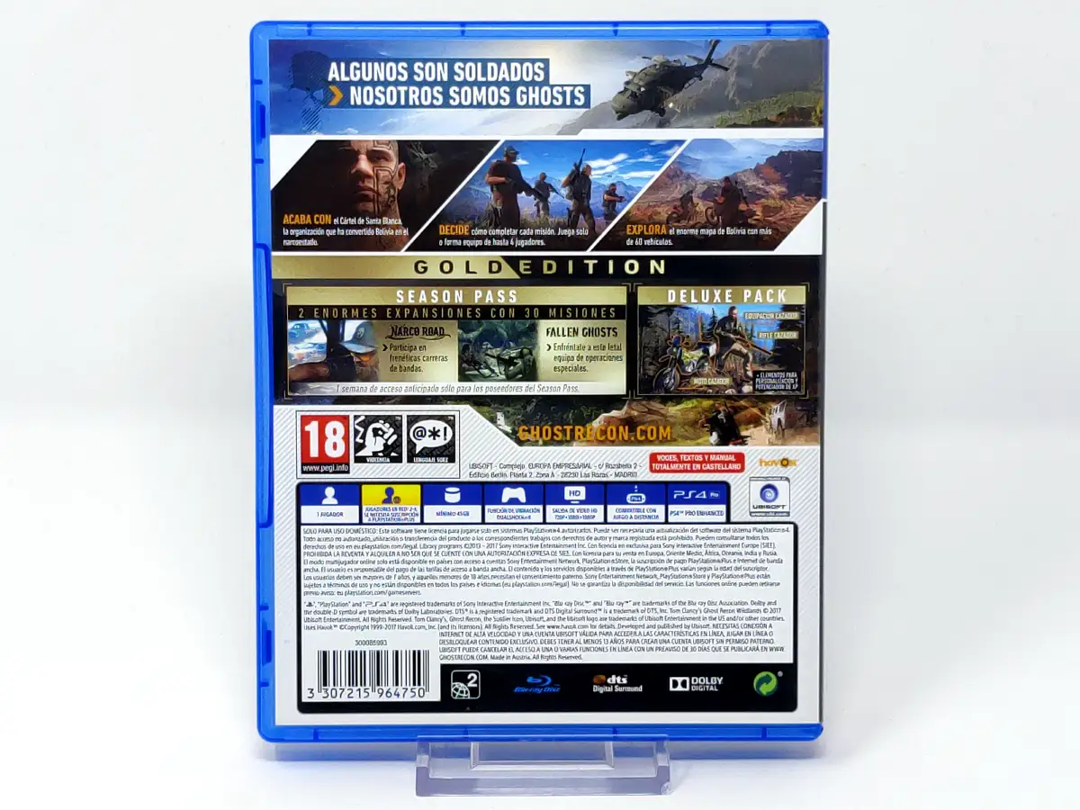 Parte trasera de Tom Clancy's Ghost Recon Wildlands (Gold Edition) (ESP) para PlayStation 4, edición PAL España