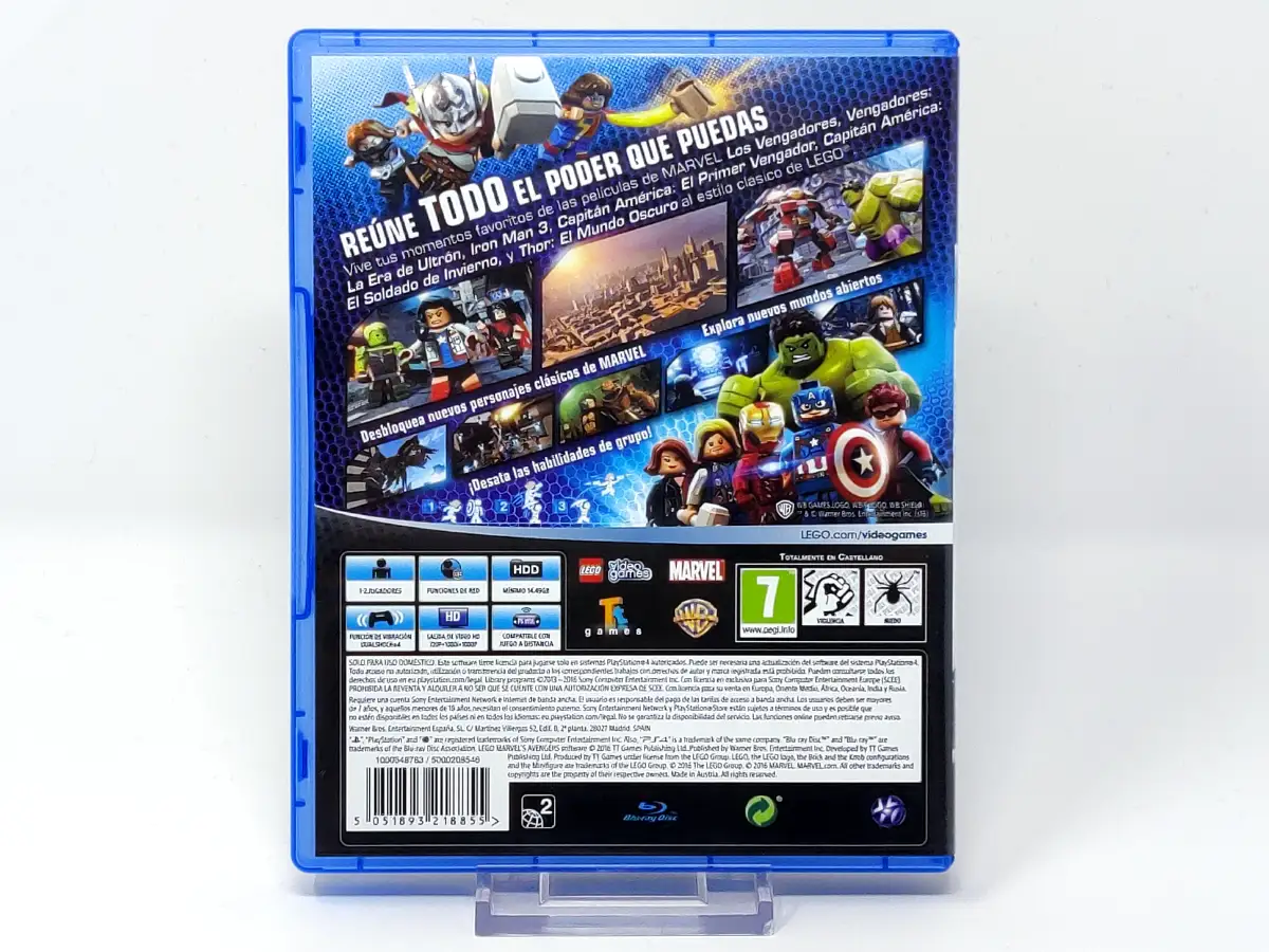 Parte trasera de LEGO Marvel Vengadores (ESP) para PlayStation 4, edición PAL España
