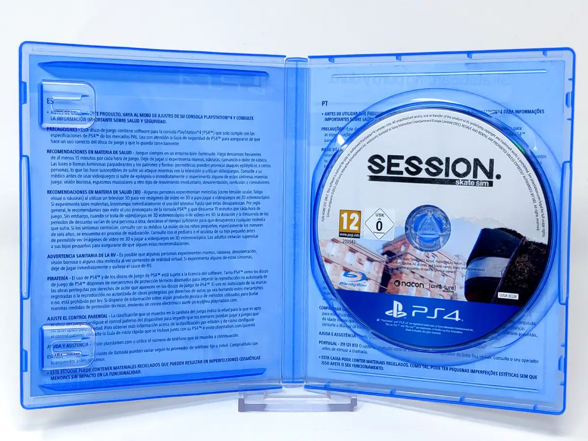 Interior del juego Session: Skate Sim (ESP) para PlayStation 4 con disco y manual