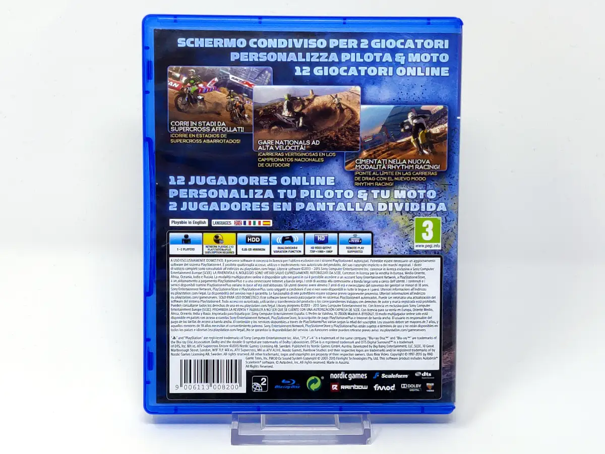Parte trasera de MX vs. ATV Supercross Encore (ESP) para PlayStation 4, edición PAL España