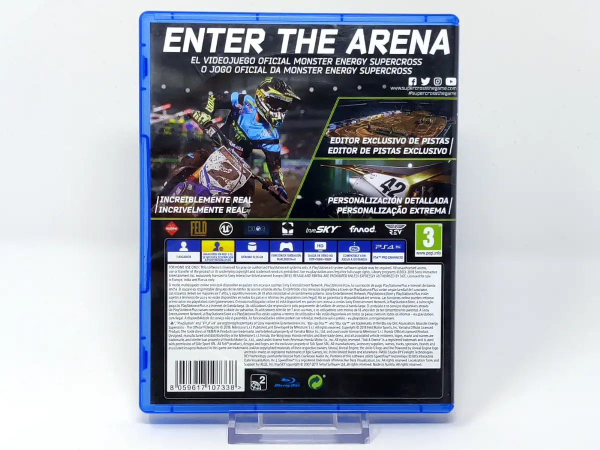 Parte trasera de Monster Energy Supercross: The Official Videogame (ESP) para PlayStation 4, edición PAL España