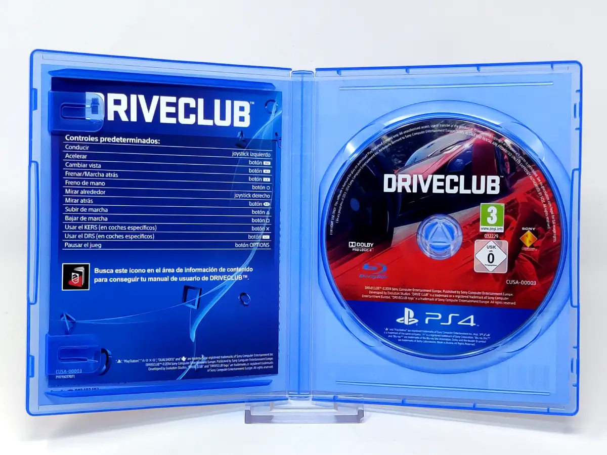 Interior del juego DRIVECLUB (ESP) para PlayStation 4 con disco y manual