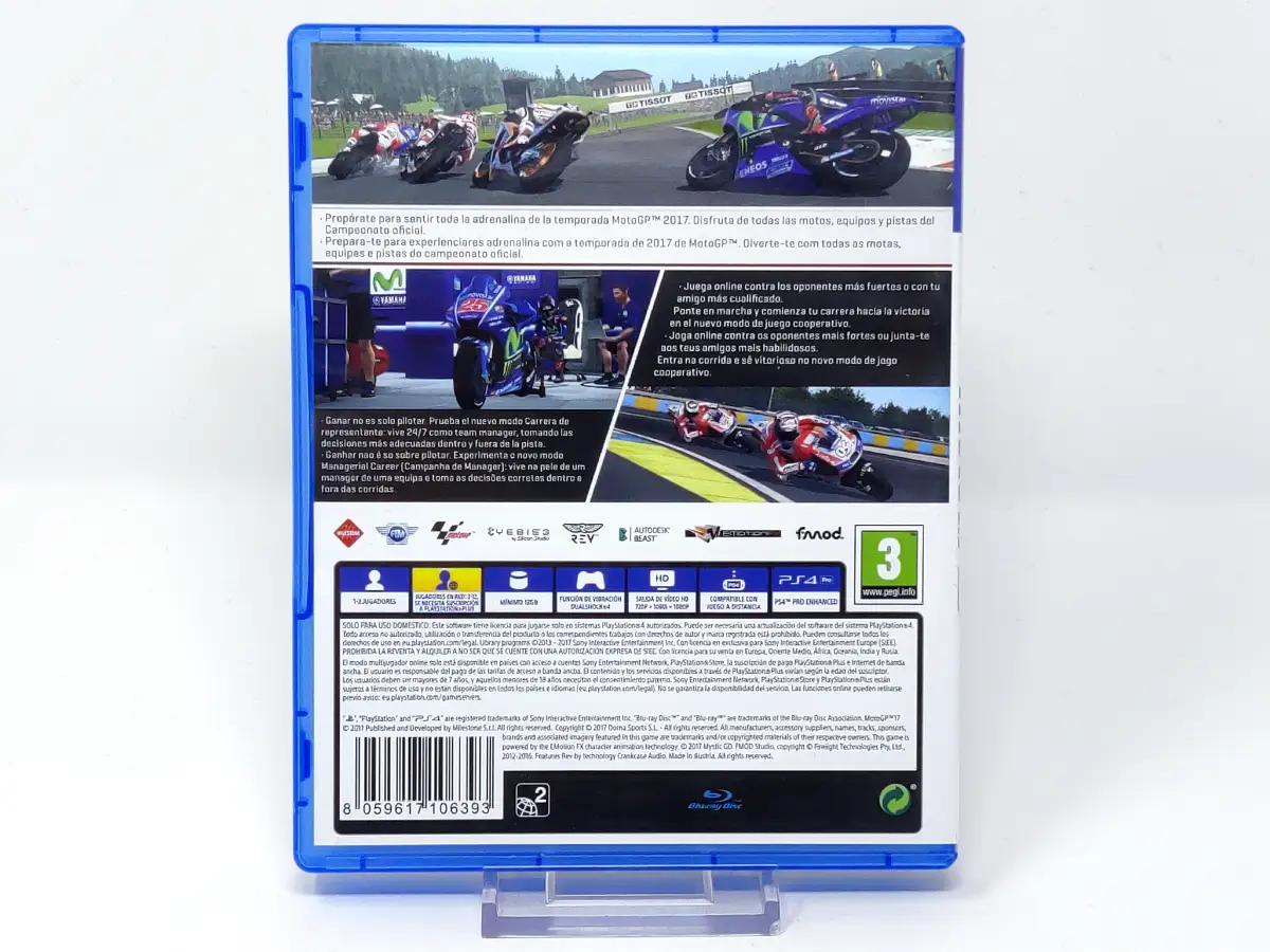 Parte trasera de MotoGP 17 (ESP) para PlayStation 4, edición PAL España