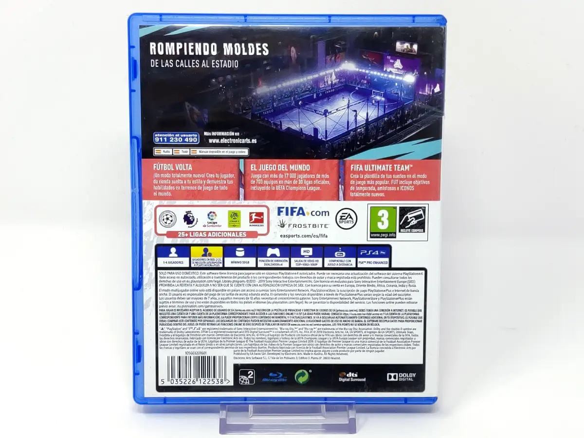 Parte trasera de FIFA 20 (ESP) para PlayStation 4, edición PAL España