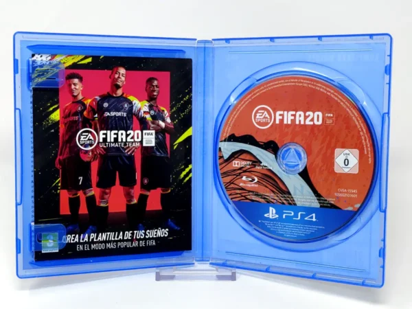 Interior del juego FIFA 20 (ESP) para PlayStation 4 con disco y manual