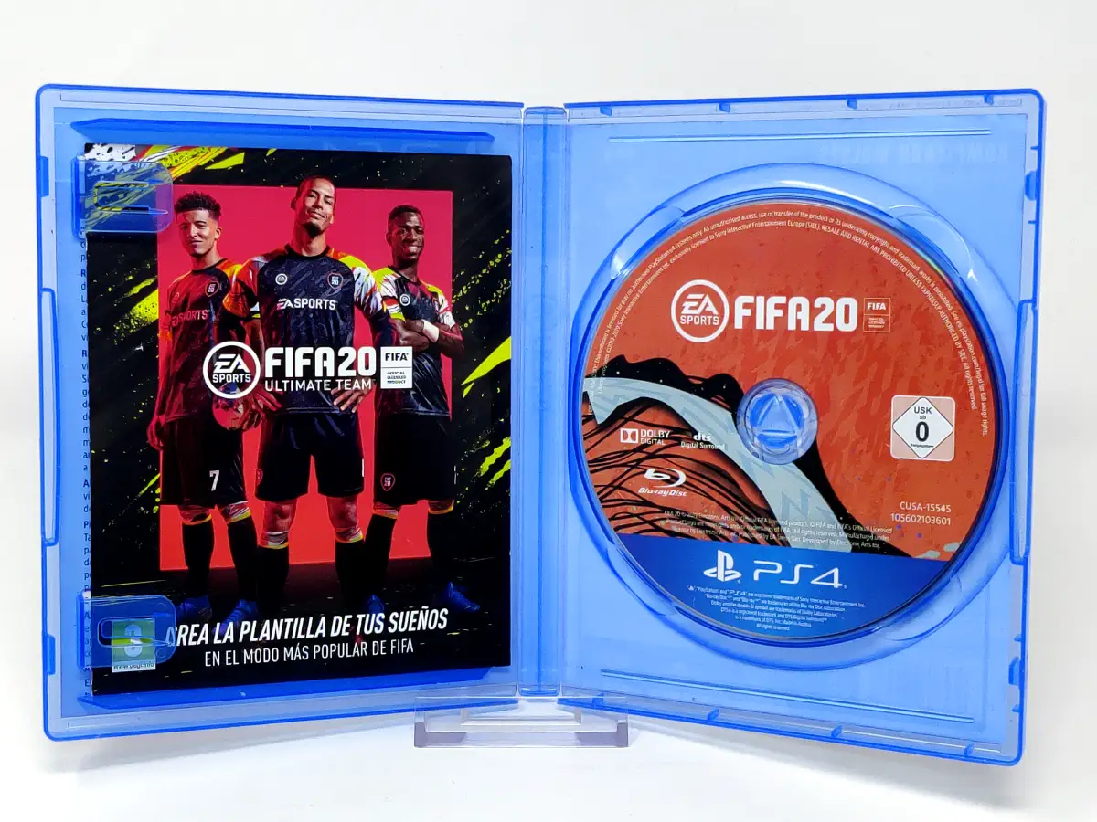 Interior del juego FIFA 20 (ESP) para PlayStation 4 con disco y manual