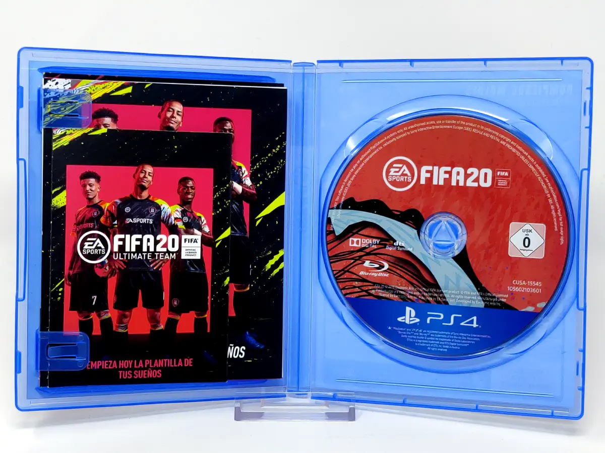 Interior del juego FIFA 20 (ESP) (v2) para PlayStation 4 con disco y manual