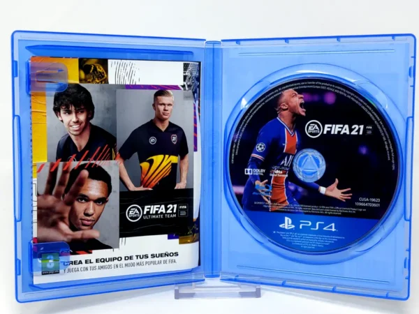 Interior del juego FIFA 21 (ESP) para PlayStation 4 con disco y manual