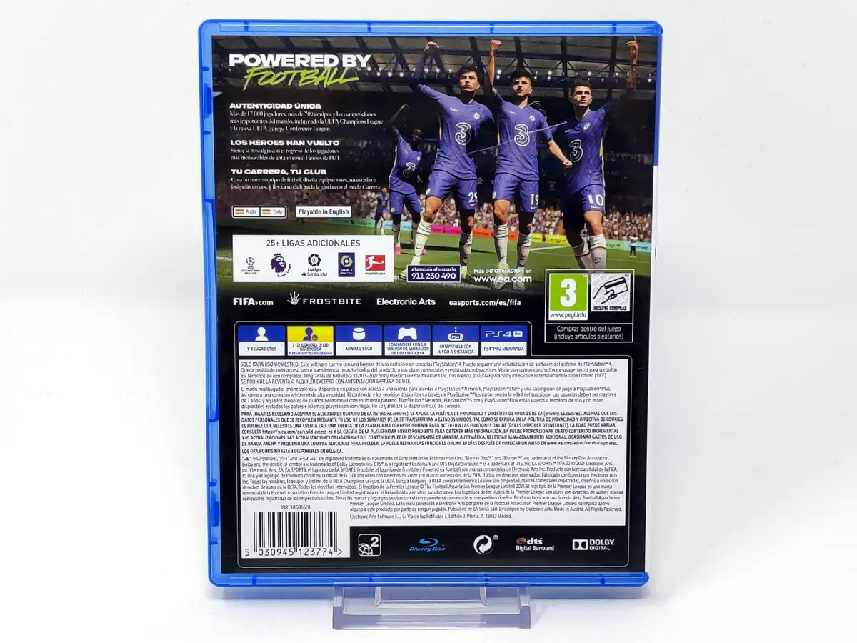Parte trasera de FIFA 22 (ESP) para PlayStation 4, edición PAL España