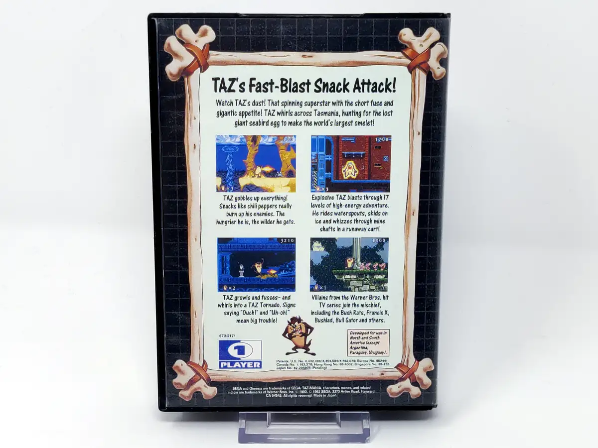 Parte trasera de Taz-Mania (USA) para Sega Mega Drive, edición NTSC USA