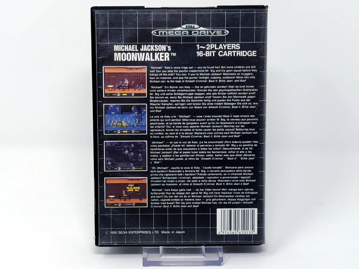 Parte trasera de Michael Jackson's Moonwalker (ESP) para Sega Mega Drive, edición PAL España