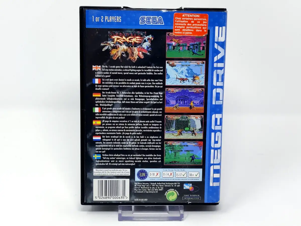 Parte trasera de Primal Rage (ESP) para Sega Mega Drive, edición PAL España