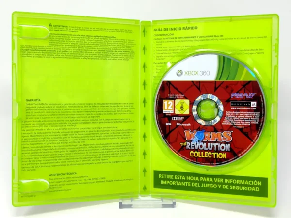 Interior del juego Worms Collection (ESP) para XBOX 360 con disco y manual