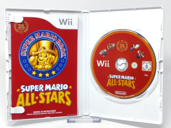 Interior del juego Super Mario All-Stars (ESP) para Nintendo Wii con disco y manual