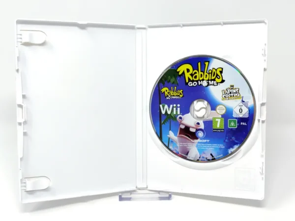 Interior del juego Rabbids Mi Caaasa!!! (ESP) (Selects) para Nintendo Wii con disco y manual