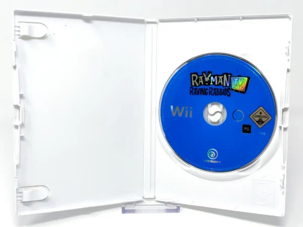 Interior del juego Rayman Raving Rabbids TV Party (FRA) (Rebajado) para Nintendo Wii con disco y manual